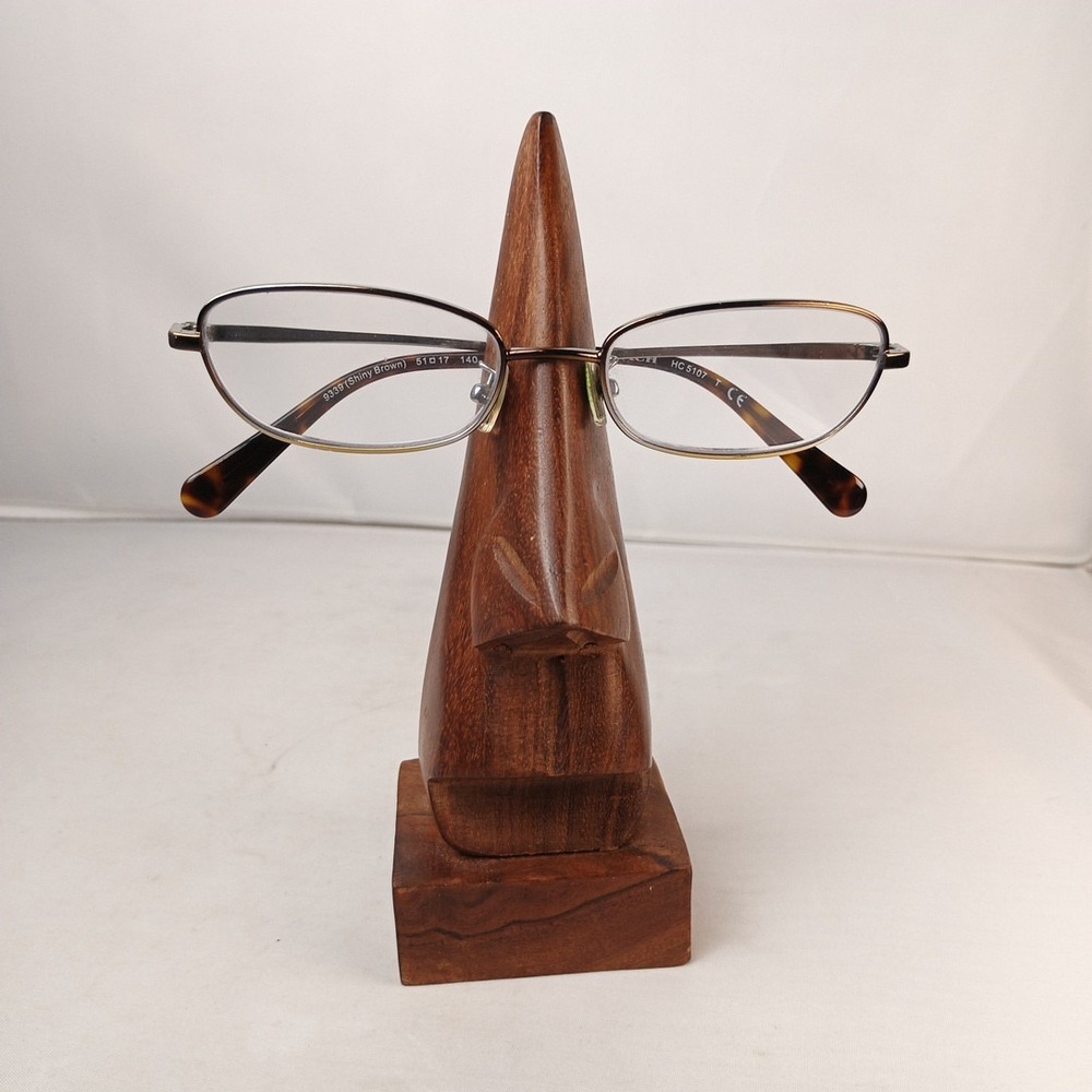 Vintage Hand Carved Solid Rosewood Nose Shaped Eyeglasses 6" Tall Holder Rack